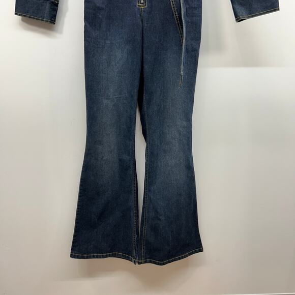 Vintage Y2K 2000s Emergency Exit Zipper Belted Flare Denim Jumpsuit Medium - Picture 6 of 10